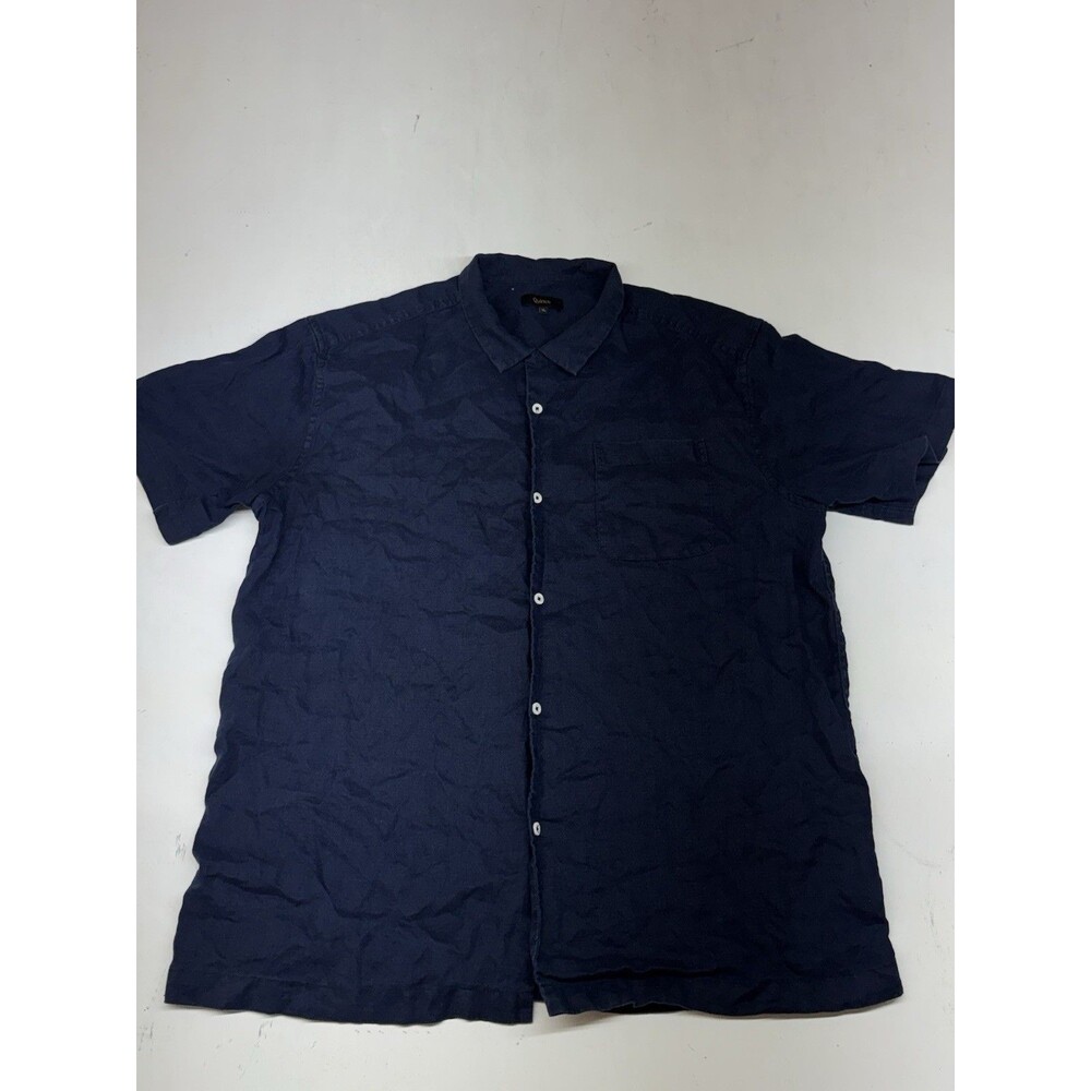 Quince Men’s XL Short Sleeve 100% Linen Button Up Shirt Casual Dark Blue